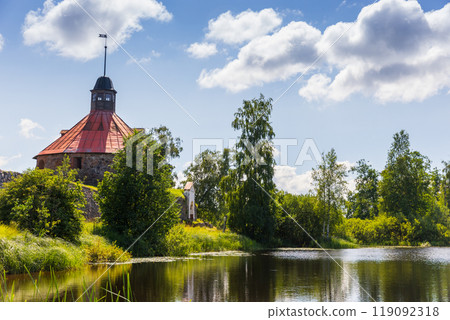 Summer landscape with Korela Fortress at the lake coast Summer landscape with Korela Fortress at the lake coast 119092318