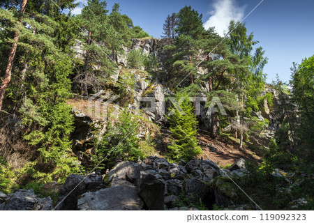 Summer landscape photography with rocks and trees under blue sky 119092323