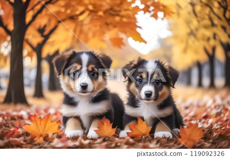 秋天樹葉中散步的小狗圖片素材 秋天樹葉中散步的小狗圖片素材 119092326