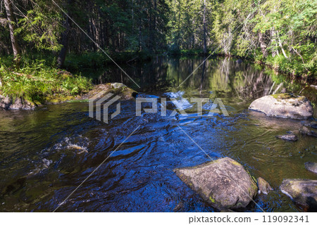 Karelian landscape with river in the forest on a summer day. Ruskeala Karelian landscape with river in the forest on a summer day. Ruskeala 119092341