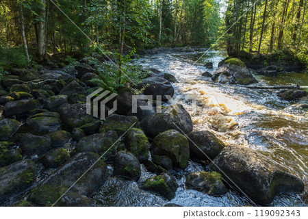 Karelian landscape photography with an empty rocky river coast 119092343
