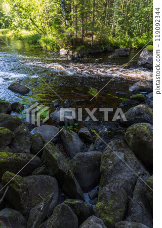 Karelian vertical landscape photo with an empty rocky river coast Karelian vertical landscape photo with an empty rocky river coast 119092344