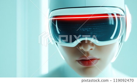 Futuristic Woman Wearing High-Tech Virtual Reality Headset in Minimalist Setting, AI 119092470