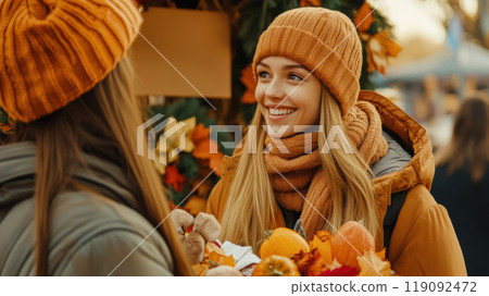 Autumn Market Gathering with Friends Amidst Colorful Leaves and Pumpkins, AI 119092472