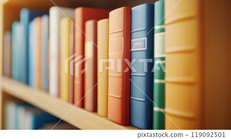 Bookshelf with Colorful Books in a Sunlit Library, AI Bookshelf with Colorful Books in a Sunlit Library, AI 119092501