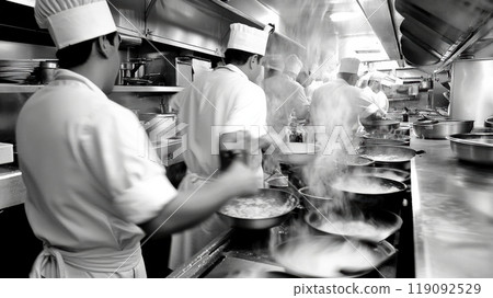 Chefs in a Busy Restaurant Kitchen, long exposure, motion blurred, AI 119092529
