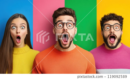 Three Surprised People Against Colorful Background, AI 119092589