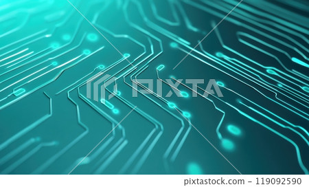 Futuristic Circuit Board Design with Glowing Teal Lines and Abstract Patterns, AI 119092590