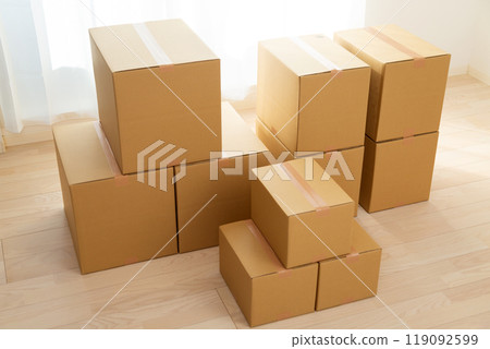 Many cardboard boxes filled with moving luggage Many cardboard boxes filled with moving luggage 119092599