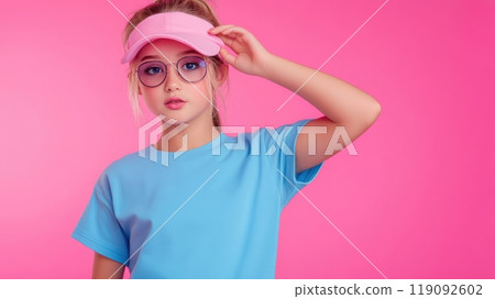 Young Girl in Blue T-Shirt and Pink Visor Against a Vibrant Pink Background, AI Young Girl in Blue T-Shirt and Pink Visor Against a Vibrant Pink Background, AI 119092602
