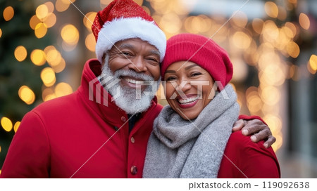 Elderly Couple Enjoying Festive Holiday Season in Warm Winter Clothing, AI Elderly Couple Enjoying Festive Holiday Season in Warm Winter Clothing, AI 119092638