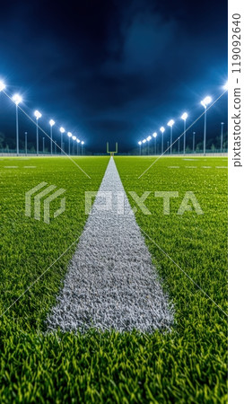 Football Field Under Stadium Lights at Night, AI 119092640