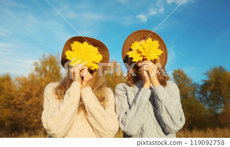 Happy two women friends with autumn yellow leaves, funny girlfriends having fun together in park 119092758