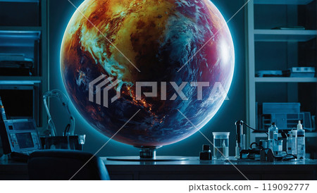 A planet in distress, its once vibrant colors now dulled, reflecting ecological turmoil 119092777