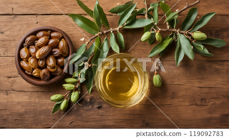Jojoba oil on wooden backgrounds Jojoba oil on wooden backgrounds 119092783