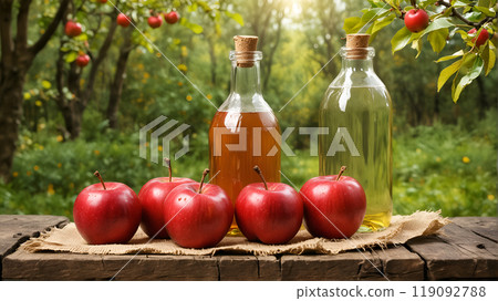 Cider apples on wooden tables on nature backgrounds 119092788