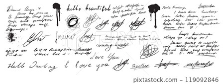 Handwriting text collection, vector love letter signature, black ink calligraphy vintage scribble. Handwriting text collection, vector love letter signature, black ink calligraphy vintage scribble. 119092846