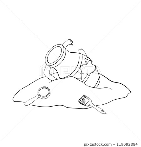 Archaeological find vector illustration in linear drawing style. Hand drawn drawing sketch of discovery from adventure or camping on isolated background. Broken antique jug, magnifying glass, brush. Archaeological find vector illustration in linear drawing style. Hand drawn drawing sketch of discovery from adventure or camping on isolated background. Broken antique jug, magnifying glass, brush. 119092884