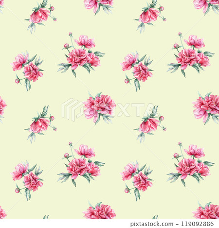 Seamless pattern with watercolor bouquet of pink peony flowers in full bloom. Hand drawn illustration beautiful floral flower. Repeat wallpaper with summer botanical plant on isolated. Seamless pattern with watercolor bouquet of pink peony flowers in full bloom. Hand drawn illustration beautiful floral flower. Repeat wallpaper with summer botanical plant on isolated. 119092886