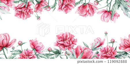 Watercolor seamless banner with pink peony flowers in full bloom. Hand drawn illustration frame beautiful floral flowers daisy. Seamless pattern with summer botanical plant. For wedding invitations Watercolor seamless banner with pink peony flowers in full bloom. Hand drawn illustration frame beautiful floral flowers daisy. Seamless pattern with summer botanical plant. For wedding invitations 119092888