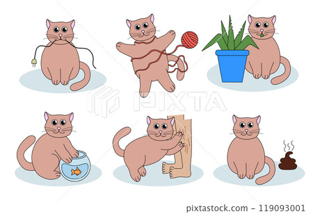 Set of problem with cat behavior. Kitten scratches, eat plant, goes to the toilet, fishing, play with ball of thread, chews up the wires. Cute hand drawn flat illustration. 119093001