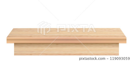 Wood table perspective view, kitchen top made of brown timber, wooden surface of desk on transparent background. Tabletop interior . Vector Wood table perspective view, kitchen top made of brown timber, wooden surface of desk on transparent background. Tabletop interior . Vector 119093059