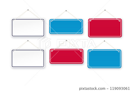 Red and blue shop door signs hanging isolated . Empty or blank sign for store, restaurant or cafe. Vector illustration 119093061