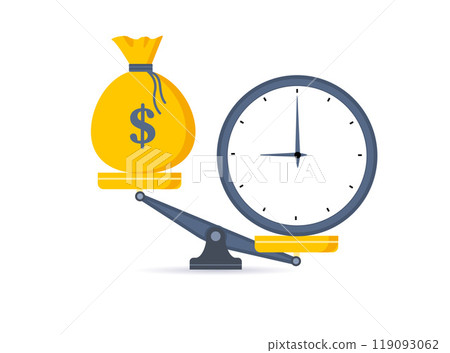 Time is money. Clock and dollar bag a balance scale. Financial concept .Time value of money asset growth over time depicts investment in long-term equity. Vector 119093062