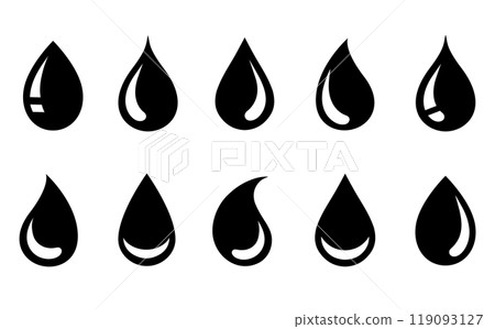 black drop set icons, falling droplet and blob black drop set icons, falling droplet and blob 119093127