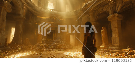 Woman explorer in ancient temple full of treasures 119093185