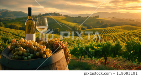 Wine bottle with vineyard in the background 119093191
