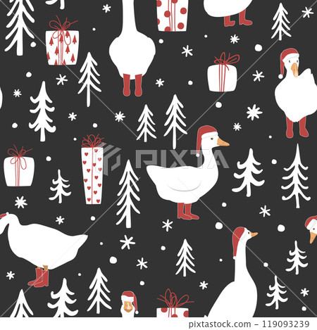 Seamless winter forest pattern with cute geese in Santa Claus hats and red boots. Merry Christmas vector background. 119093239
