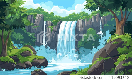 Waterfall cartoon landscape. . Water cascade falling with cliff rock in wild jungle, nature rainforest flowing river forest tree stones game background vector illustration 119093240