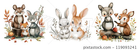 Watercolor forest animals scene. Cute animal wildlife hand drawn paint art, bunny chipmunk fox at autumn or summer timberland wild berries foliage grass leaves vector illustration 119093241