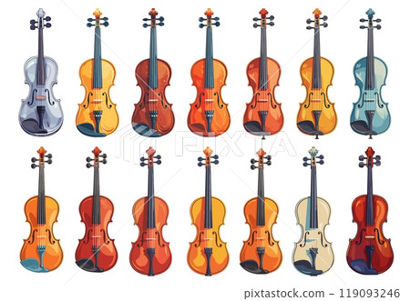 Violin set. Cartoon violins, music string instrument wood fiddle orchestra sound classical melody equipment wooden acoustic symphony antique viola vector illustration 119093246
