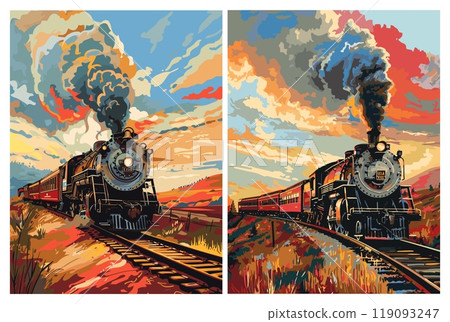 Vintage train posters. Railway painting nature mountain landscape drawing, retro locomotive trains on old railroad vector illustration 119093247