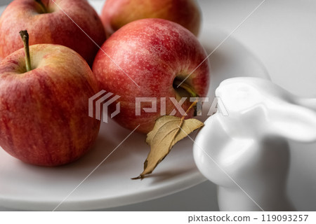 ripe red apples on white porcelain plate decorated with rabbit ripe red apples on white porcelain plate decorated with rabbit 119093257