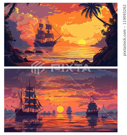 Sunset harbor. Boats standing in old mediaeval port pirate sailboat evening ocean nature pink red sky landscape vector illustration 119093262