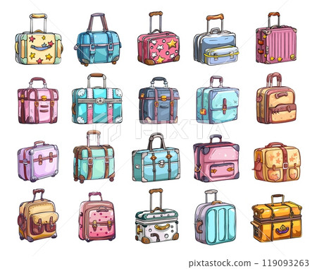 Suitcases set. Cartoon luggages, journey luggage bag transportation voyage case collection adventure suitcase tourists travel vector illustration 119093263