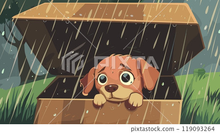 Stray dog in rain. Lost puppy at cardboard box alone rainy street, cartoon pet adoption charity concept, hungry lonely sad doggy canine animal vector illustration 119093264