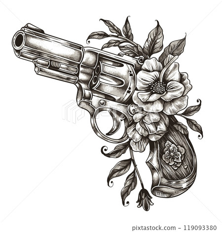 Revolver flowers tattoo. Vintage pistol, isolated revolvers sketch retro gun drawing army firearm weapon western cowboy handgun antique shooter vector illustration Revolver flowers tattoo. Vintage pistol, isolated revolvers sketch retro gun drawing army firearm weapon western cowboy handgun antique shooter vector illustration 119093380