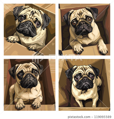 Pug in box set. Cute dog adorable puppy realistic drawing, pet adoption concept pugs at cardboard boxes canine gift domestic funny doggy friend vector illustration 119093389