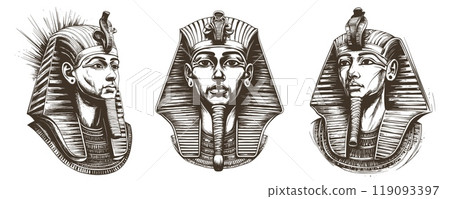 Pharaoh portraits sketches. Egypt pharaohs mask face tattoo sketch, egyptian civilisation king head profile vintage drawing logotype emblem history person vector illustration Pharaoh portraits sketches. Egypt pharaohs mask face tattoo sketch, egyptian civilisation king head profile vintage drawing logotype emblem history person vector illustration 119093397
