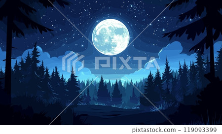 Night forest cartoon landscape. Full moon starry sky with pine midnight scene, star light moonlight wild nature fantasy game panoramic scenery background vector illustration 119093399