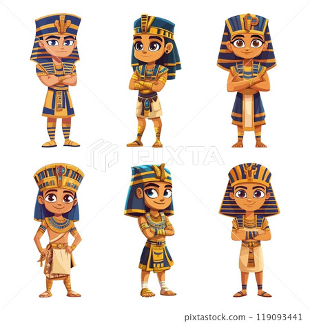 Cartoon pharaohs. Cute pharaoh child boy characters, young egyptian king or god egypt mythology mascot africa history person vector illustration Cartoon pharaohs. Cute pharaoh child boy characters, young egyptian king or god egypt mythology mascot africa history person vector illustration 119093441