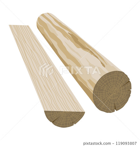 Building material. Round tree and half log. Cartoon supplies for buildings works. Construction concept. Illustration can be used for construction sites or illustrate renovation works 119093807