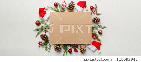 Flat lay Christmas composition. square Paper blank, pine tree branches, christmas decorations on Colored background. Top view, copy space for text Flat lay Christmas composition. square Paper blank, pine tree branches, christmas decorations on Colored background. Top view, copy space for text 119093943