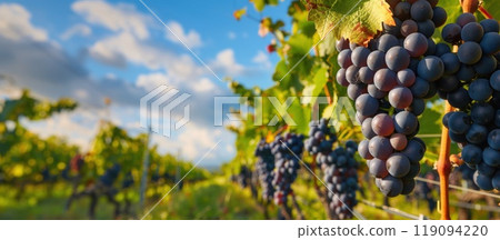 Mature farmer picking grapes in vineyard 119094220