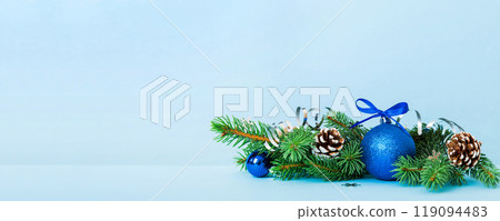 New Year Christmas tree toy, branches of a christmas tree, New Year decorations on a colored background New Year Christmas tree toy, branches of a christmas tree, New Year decorations on a colored background 119094483