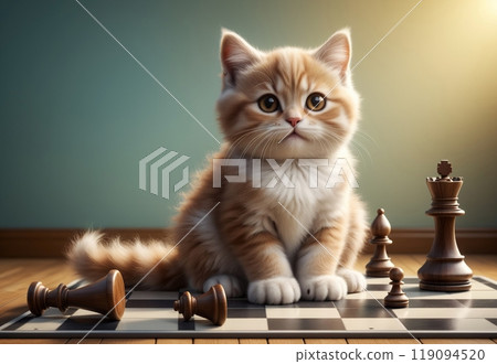 a smart cat sits thoughtfully at a chessboard with a chess piece 119094520